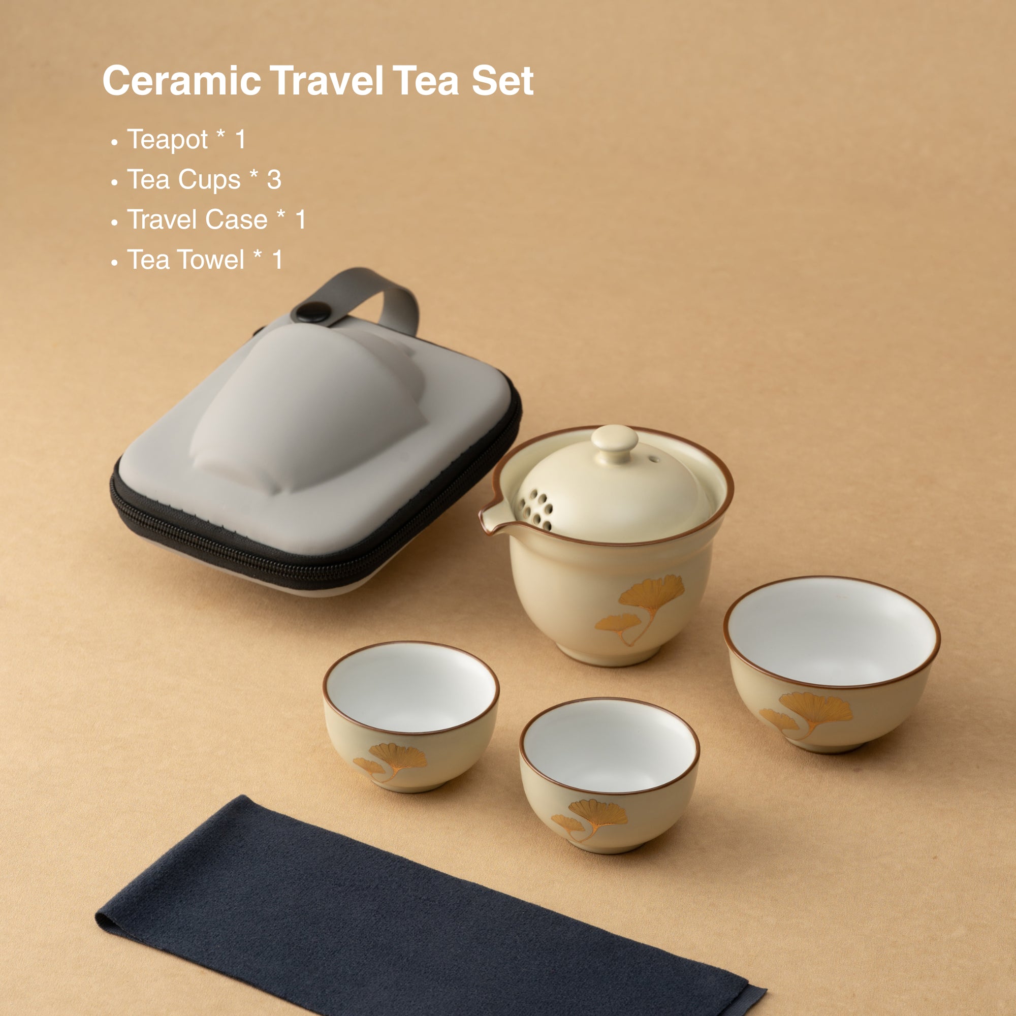 Portable Ceramic Gongfu Travel Tea Set | 1 Pot, 3 Cups & Travel Case