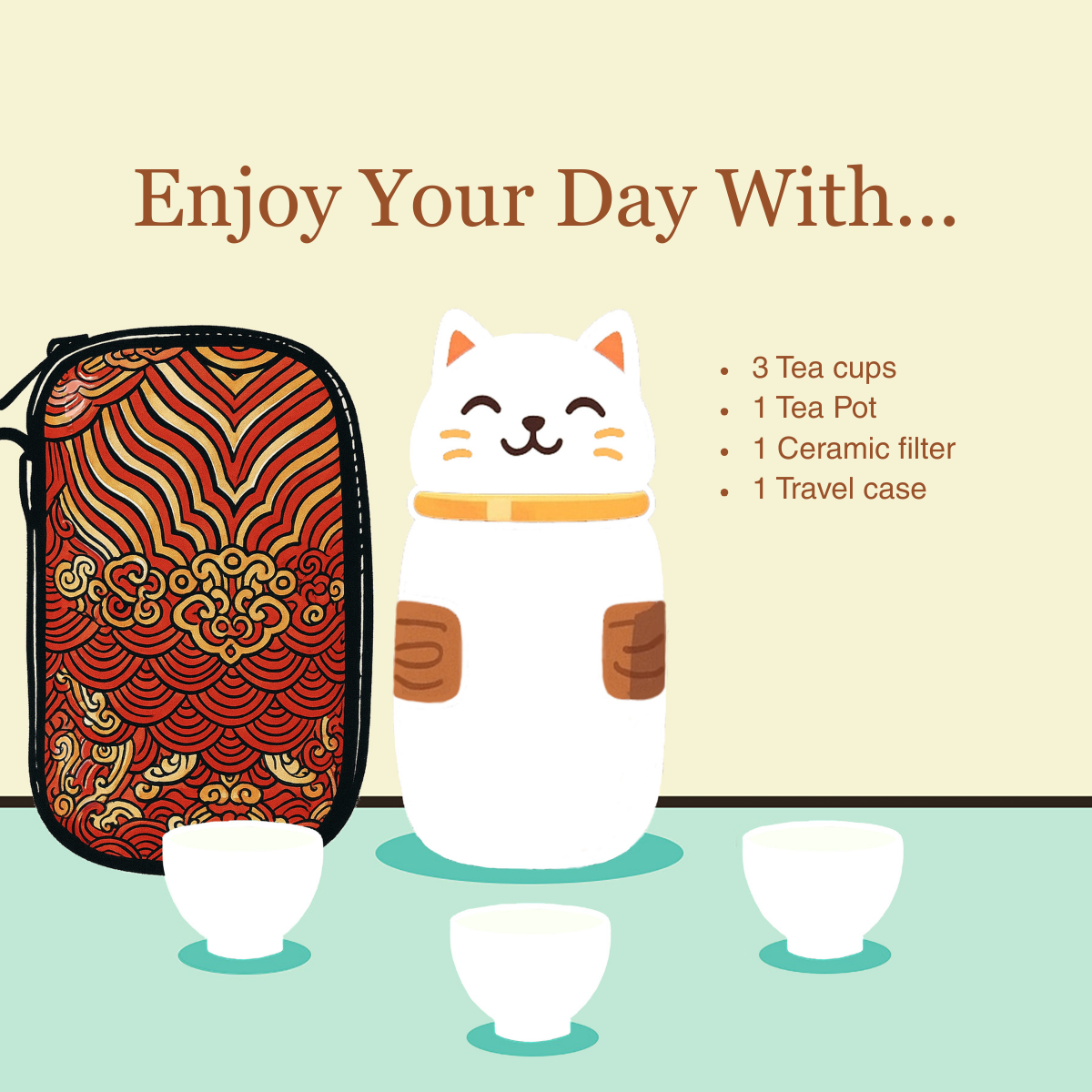 Tall Cat Tea Set with Travel Case