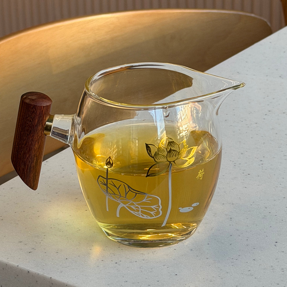 Lotus Glass Tea Pitcher with Wooden Handle